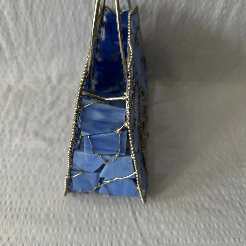 Vintage Blue Stained Glass Handbag Tea Light Holder Mosaic Purse Art Decor Boho